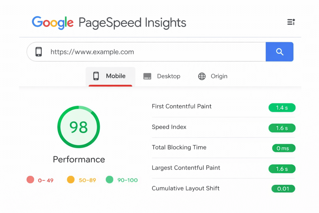 Google PageSpeed Insights results showing page load speed and performance scores