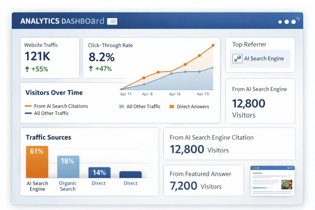 Analytics dashboard showing increased website traffic from AI search engine citations and featured answer placements
