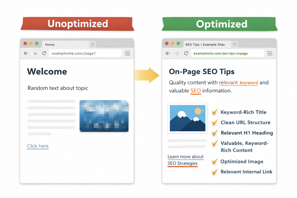 Before and after on-page SEO optimization comparison showing improved page structure
