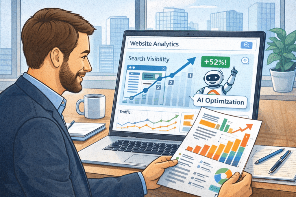 Business owner reviewing website analytics showing improved search visibility from AI optimization strategies