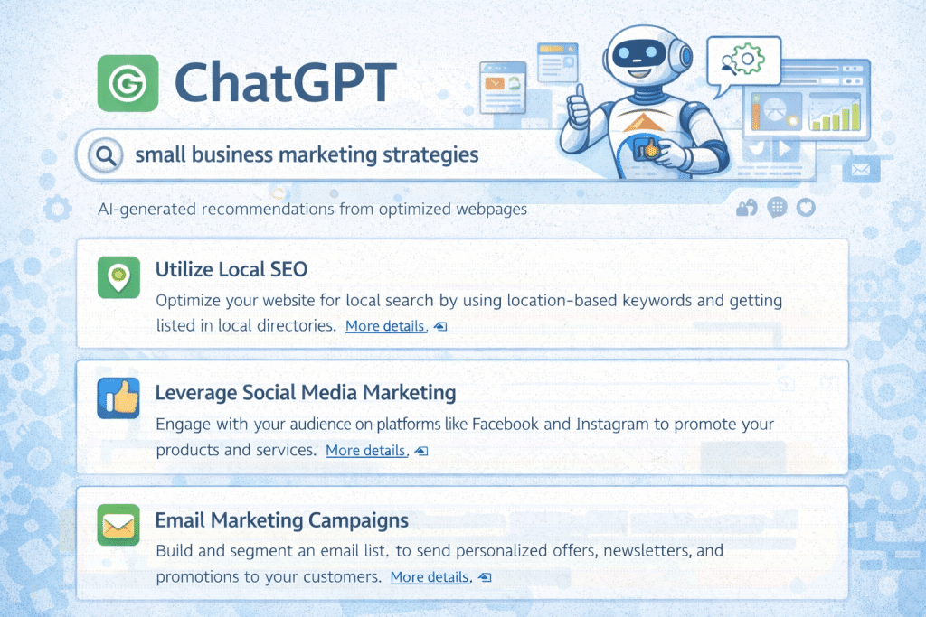 ChatGPT search interface showing AI-generated business recommendations from optimized webpages