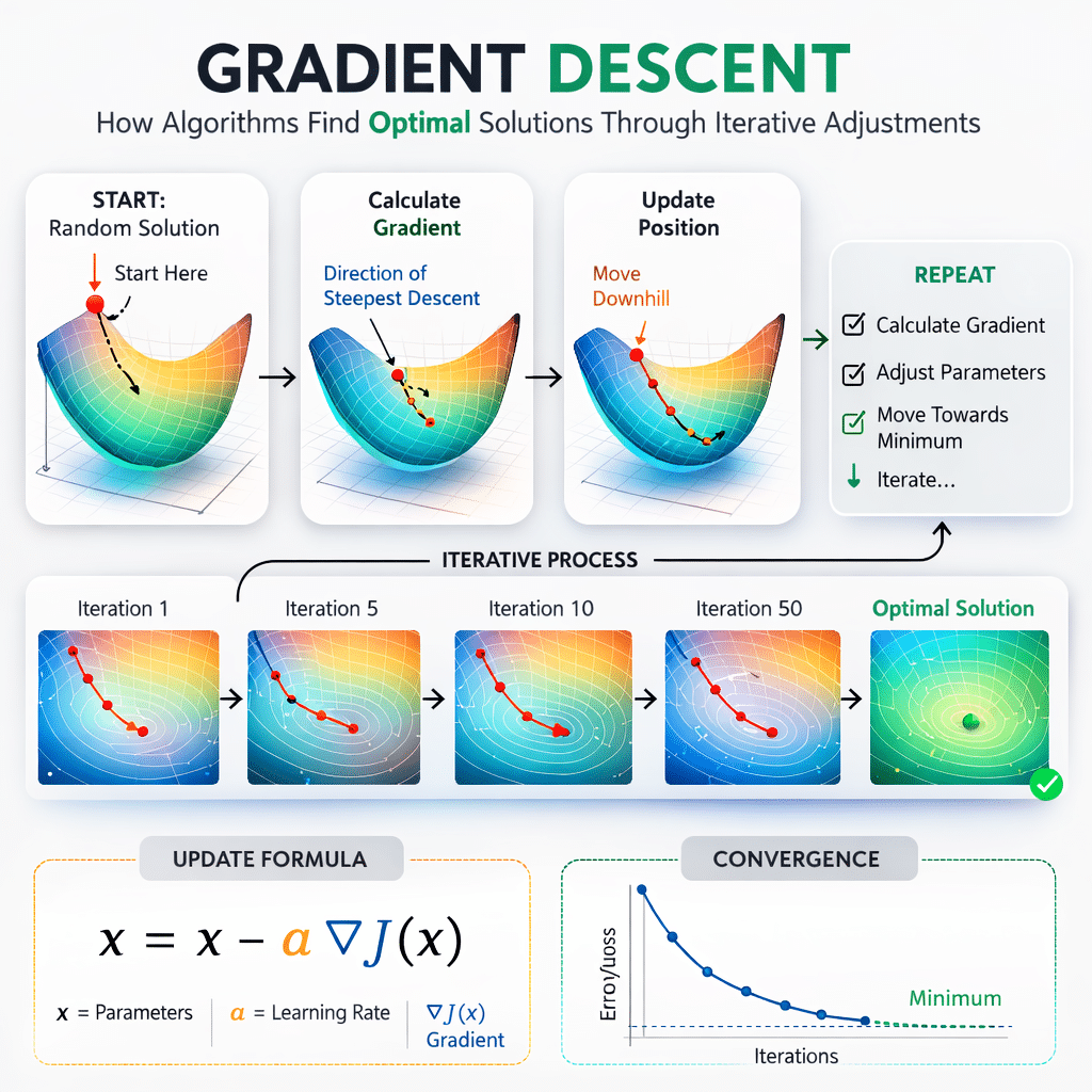 Diagram illustrating gradient descent optimization technique showing how algorithms find optimal solutions.