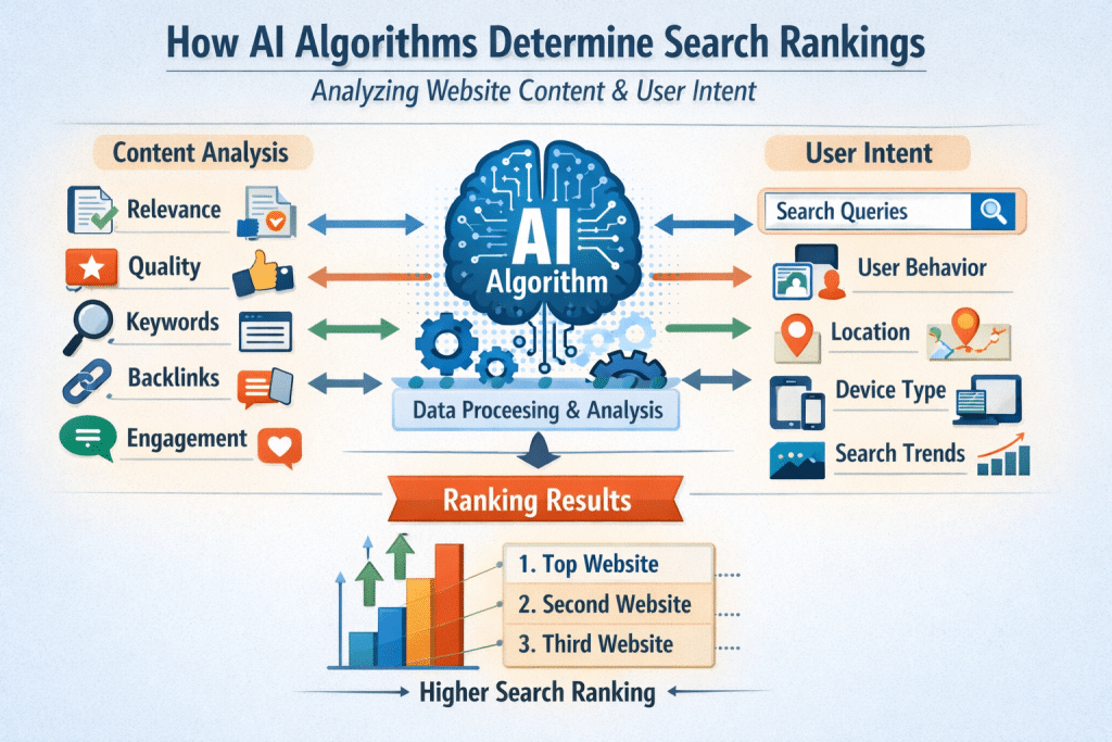 Diagram showing how AI algorithms analyze website content quality and user intent to determine search rankings