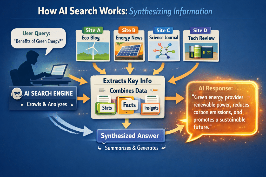 Diagram showing how AI search engines extract and synthesize content from multiple websites to generate answers for user queries