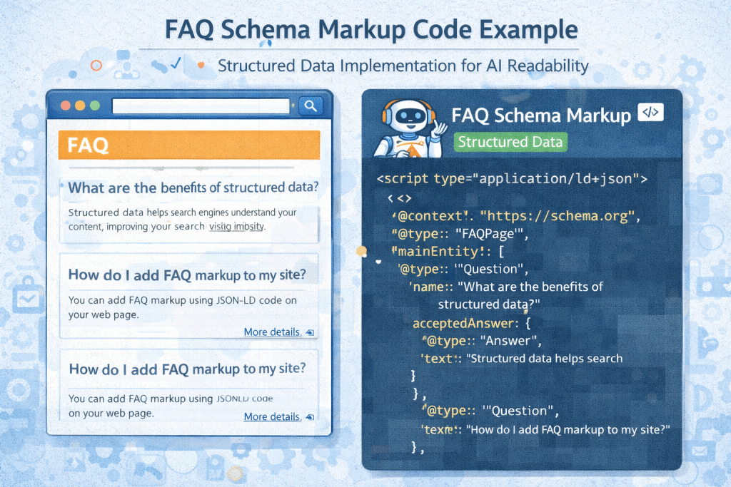 FAQ schema markup code example showing structured data implementation for AI readability.
