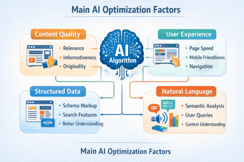 Infographic displaying the main AI optimization factors including content quality, user experience, structured data, and natural language