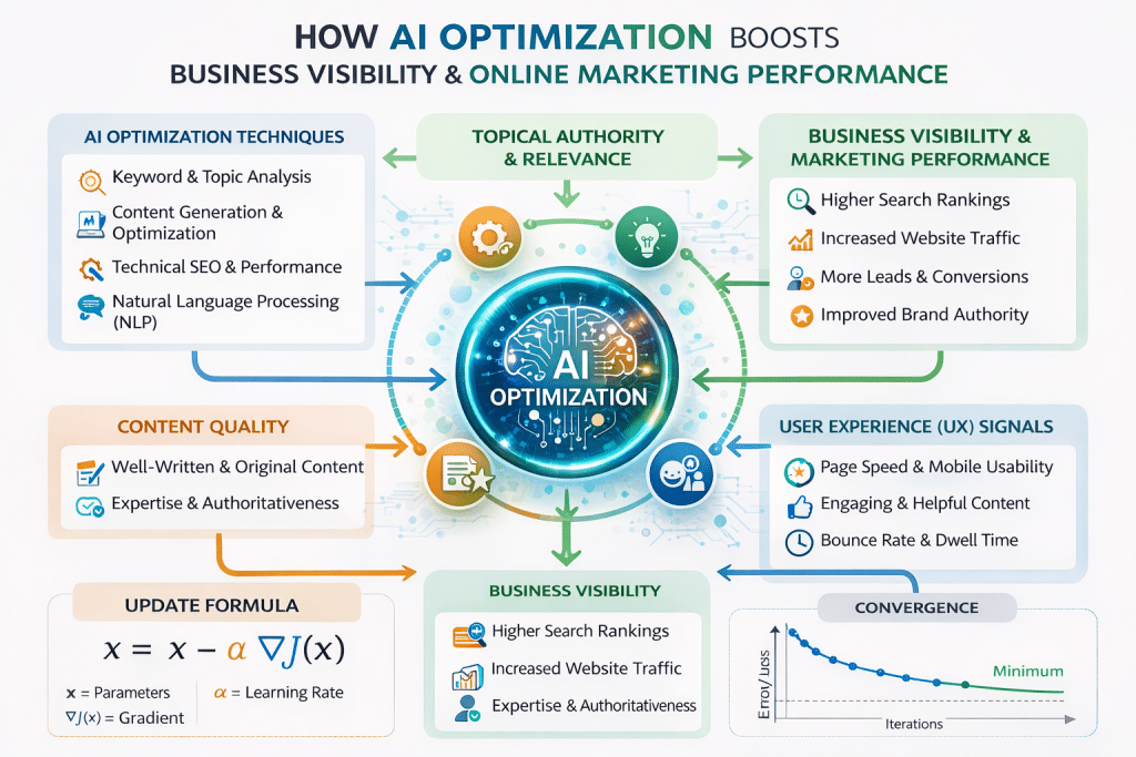 Infographic showing how AI optimization techniques connect to business visibility and online marketing performance.