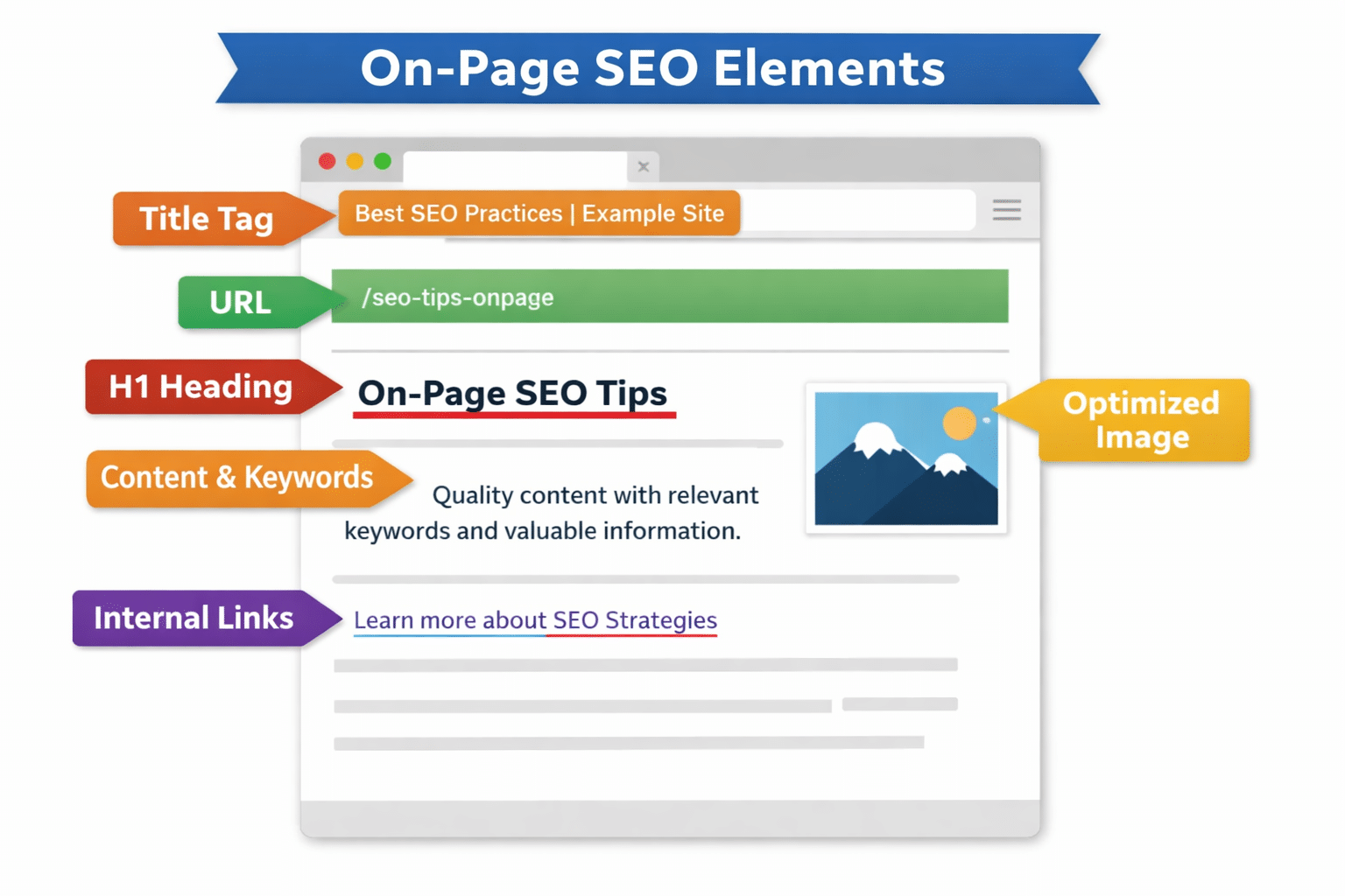 On-page SEO elements including title tags, headers, content, internal links, and images on a web page