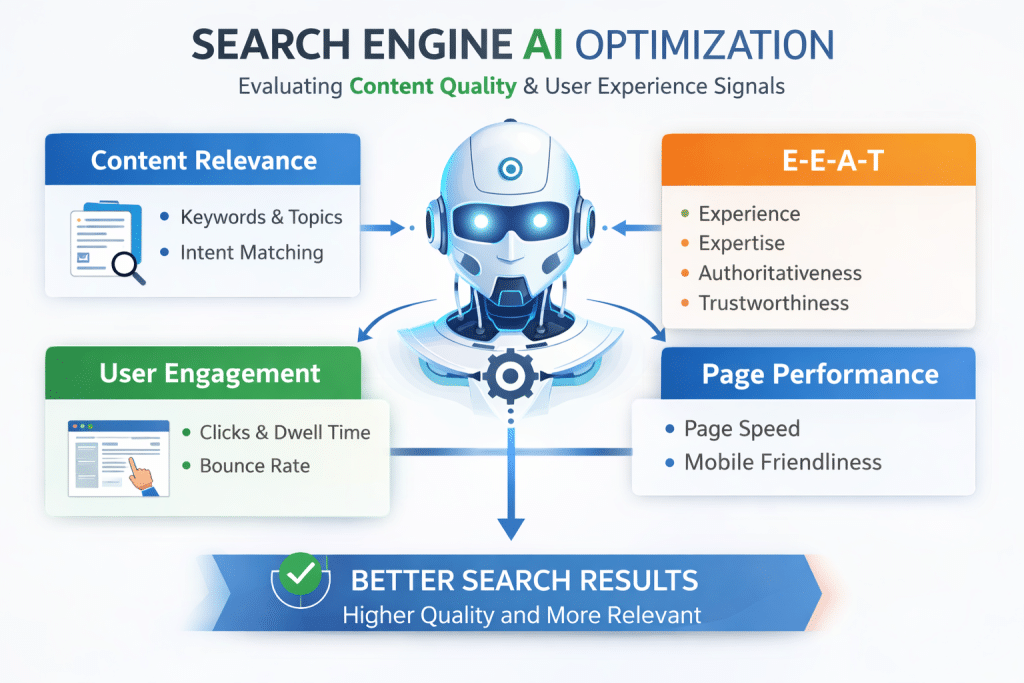 Visual representation of search engine AI optimization process evaluating content quality and user experience signals.