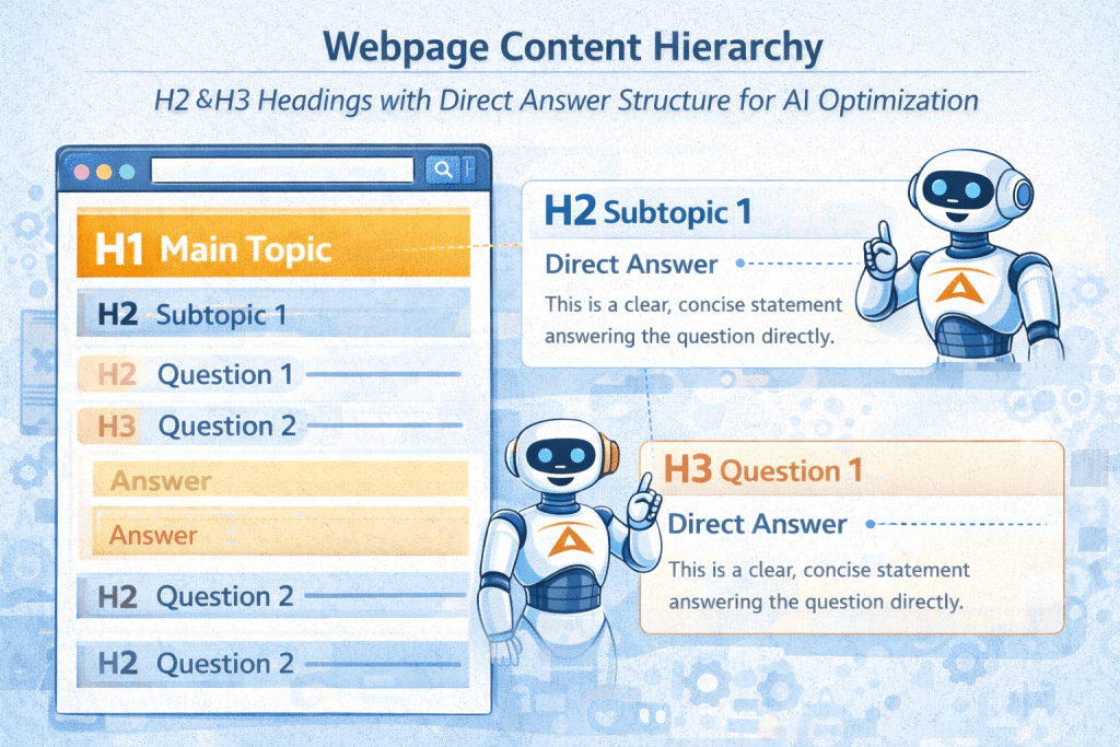 Webpage content hierarchy diagram showing H2 and H3 headings with direct answer structure for AI optimization